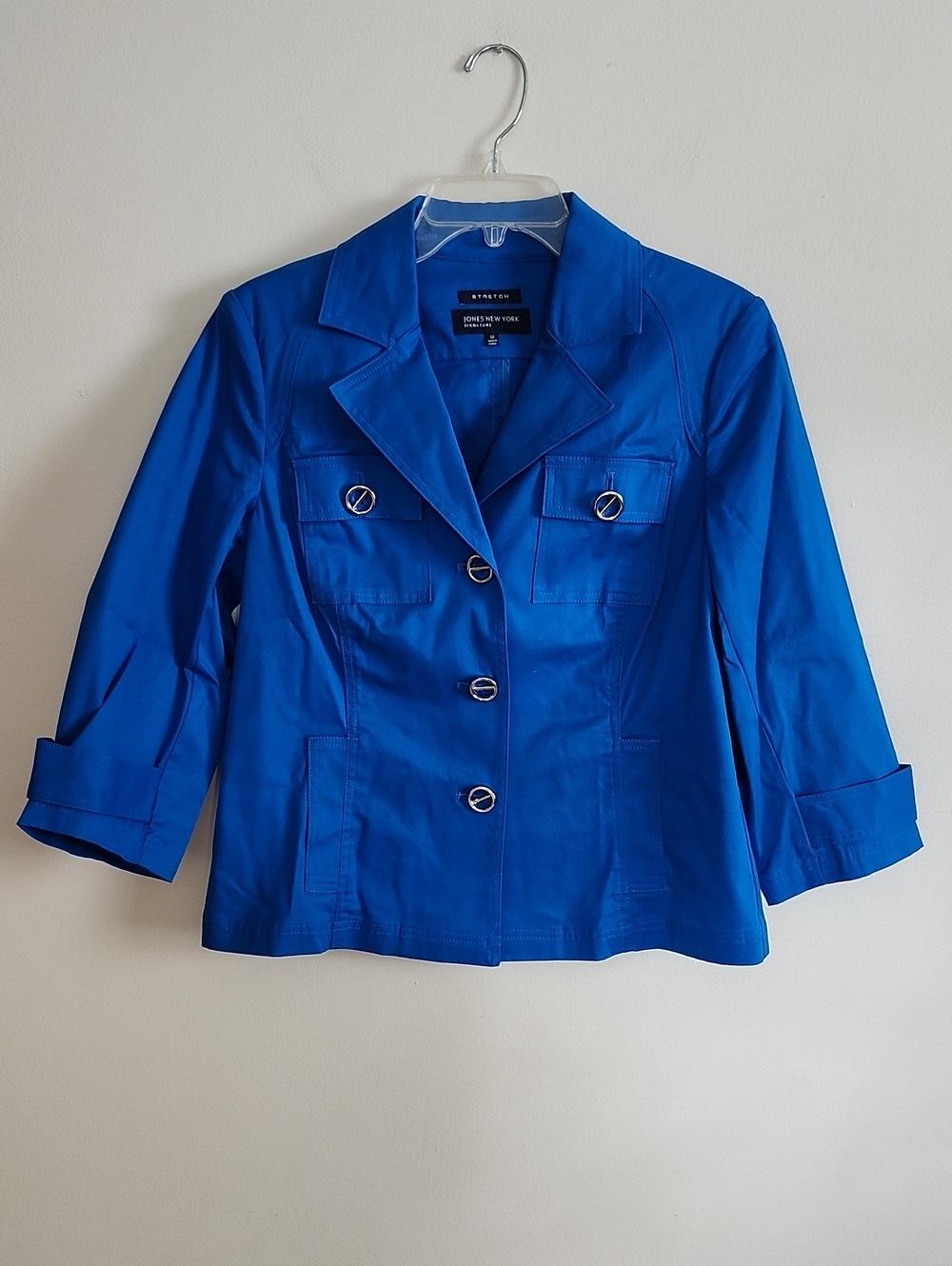 Jones New York Women's Bright Blue Tailored Cotton Jacket 3/4 Sleeve